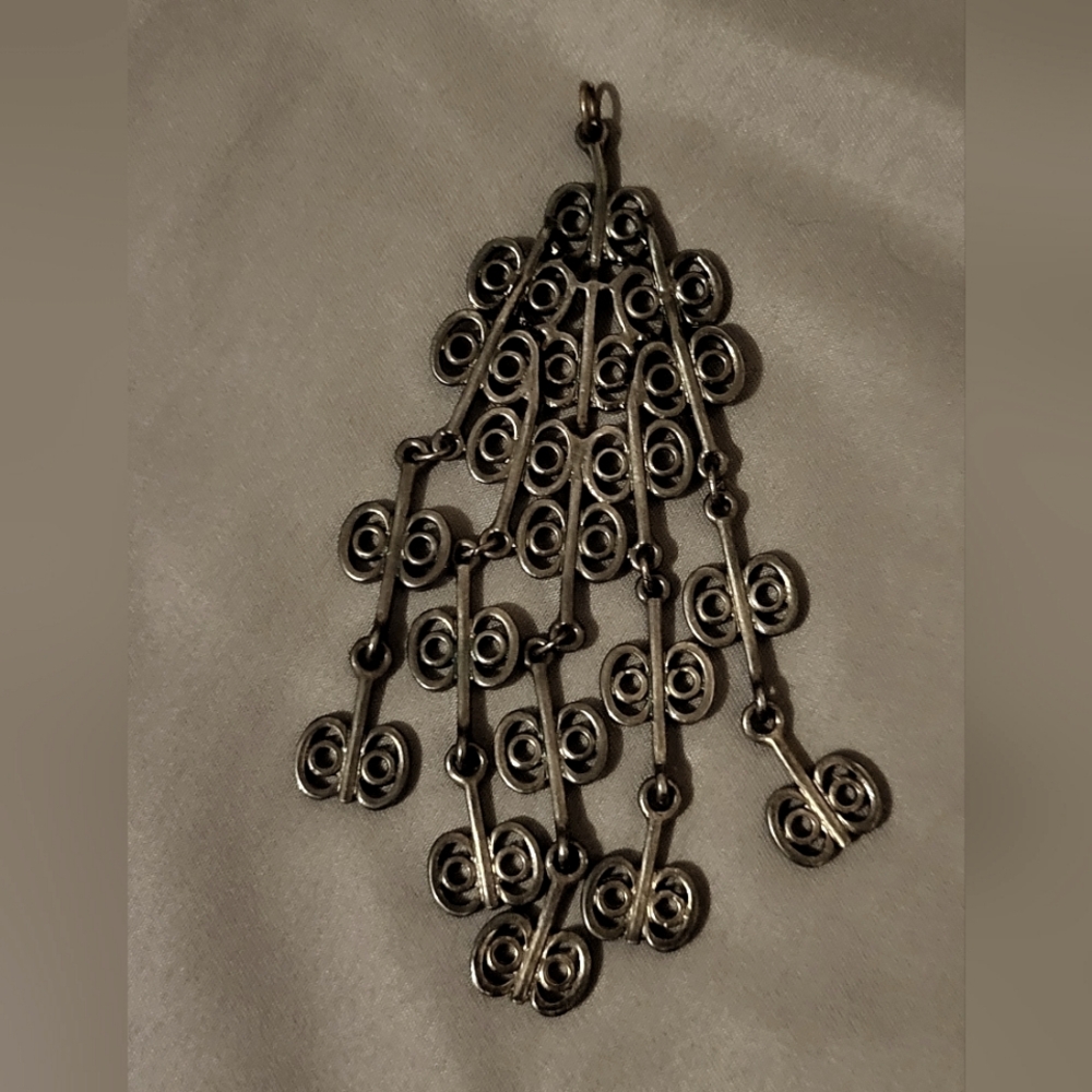 Pendant, geometrical statement piece, silver metal graphite gray, scroll work